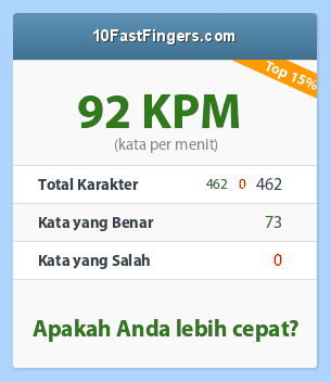 Screenshoot Kecepatan Mengetik 92 Kata Per Menit dari 10fastfinger.com