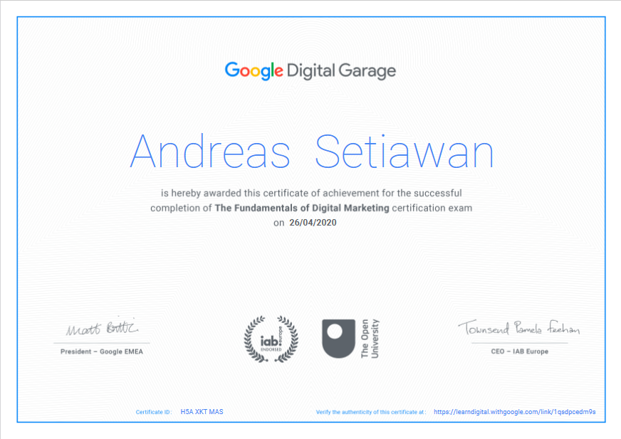 Sertifikat Digital "The Fundamental of Digital Marketing" dari Google